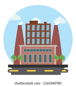 A factory building with the chimneys and smoke coming out