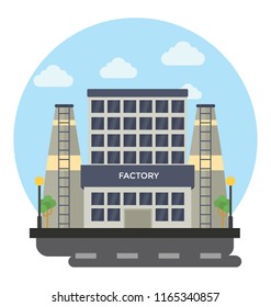 A factory building with the chimneys and smoke coming out