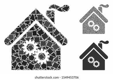 Factory building composition of inequal items in various sizes and color tinges, based on factory building icon. Vector inequal elements are grouped into collage.