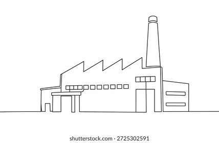 Construção de fábrica linha contínua desenho estrutura industrial com alta chaminé e telhado de dente de serra design arte simples