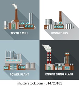 Diseño de fábrica iconos realistas con molino textil ingeniería de hierro y sombra de la planta eléctrica ilustración vectorial aislada 