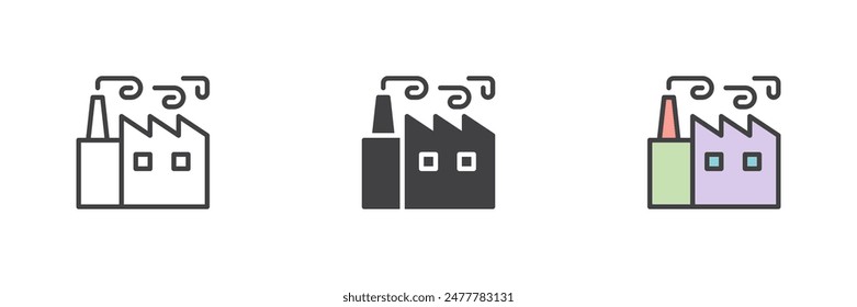 Factory building different style icon set. Line, glyph and filled outline colorful version, outline and filled vector sign. Industrial factory symbol, logo illustration. Vector graphics