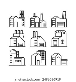 Fabrikgebäude und Gebäude Symbole Linie Illustrationssatz