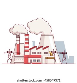 Factory building. Electrical power production plant with transmission lines and steam pipes. Modern flat style thin line vector illustration isolated on white background.