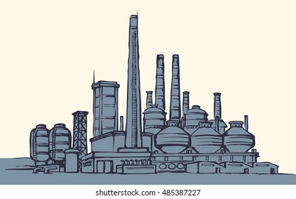 Factory building. Environment pollute, ecology concept symbol. Doodle freehand ink drawn background sketch in art retro style with space for text on sky