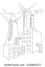 Factory building exterior ecology problem graphic black white vertical isolated sketch illustration vector 