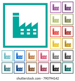 Factory building flat color icons with quadrant frames on white background