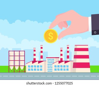 Factory building flat style vector illustration. Businessmen invest a monye golden coin for factory plant. Concept of business investment. Green grass and cloudy sky behind scene.