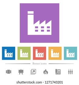 Factory building flat white icons in square backgrounds. 6 bonus icons included.