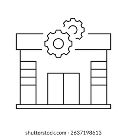 Factory Building With Gears Line Icon. Industrial Manufacturing, Production Facility, And Automation Outline Symbol. Engineering And Machinery. Editable Stroke. Isolated Vector Illustration.