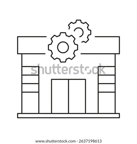 Factory Building With Gears Line Icon. Industrial Manufacturing, Production Facility, And Automation Outline Symbol. Engineering And Machinery. Editable Stroke. Isolated Vector Illustration.