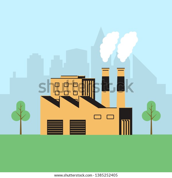 Factory building with\
green trees in front of the city in flat style. Industry. Vector\
illustration.