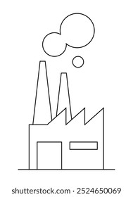 Um prédio de fábrica tem duas chaminés altas liberando fumaça. O design de linha simples destaca temas industriais. Ideal para indústria, poluição, manufatura, meio ambiente e sustentabilidade