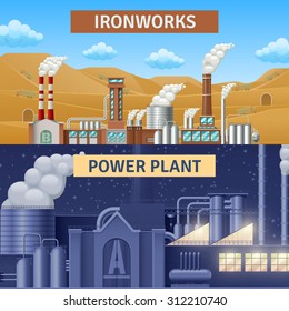 Factory building horizontal realistic banners set with iron works and power plant isolated vector illustration 