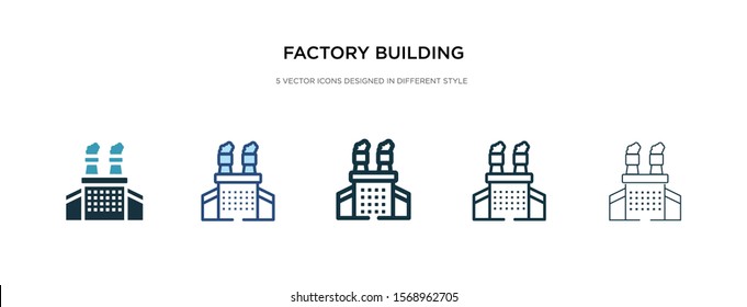 factory building icon in different style vector illustration. two colored and black factory building vector icons designed in filled, outline, line and stroke style can be used for web, mobile, ui