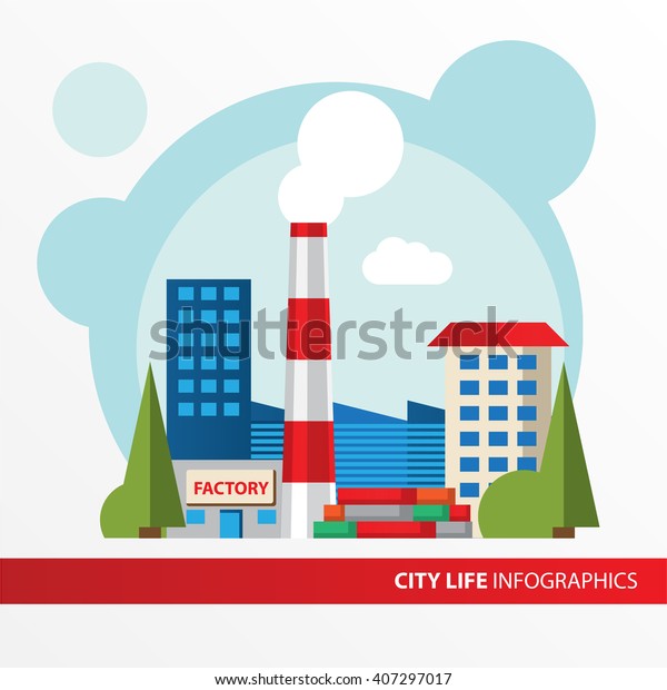 Factory building icon in the flat style. Industrial\
plant with pipe. Concept for city infographic. Different types of\
industry of the city