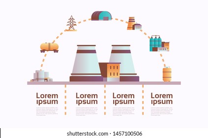 factory building icon infographic template plant with pipes and chimney power station extraction production and transportation oil industrial equipment copy space horizontal flat