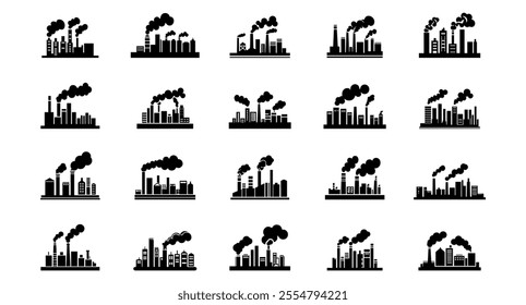 Factory building icon line set. Manufacturing tower and concept outdoor infrastructure collection. Industrial architecture and business warehouse vector illustration