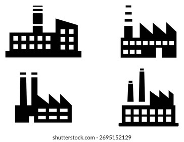 Factory and Building Icon Set – 30 Linear and Solid Vector Icons Including Industrial Plants, Office, School, Hospital, and Environmental Pollution Symbols