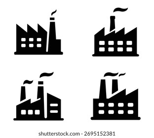 Factory and Building Icon Set – 30 Linear and Solid Vector Icons Including Industrial Plants, Office, School, Hospital, and Environmental Pollution Symbols