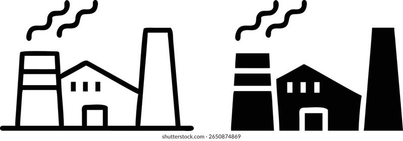 Factory Building Icon Set – Black and White Industrial Plant Vector with Smoke Stacks and Chimneys