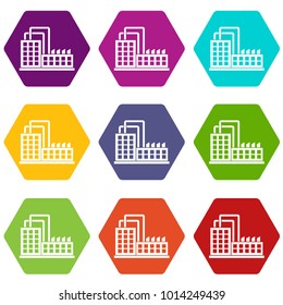 Factory building icon set many color hexahedron isolated on white vector illustration