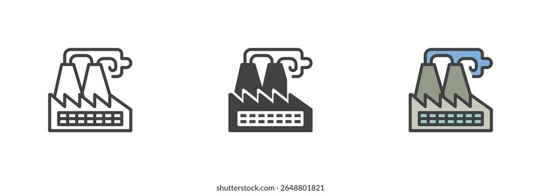 Conjunto de ícones de construção de fábrica mostrado em linha, contorno preenchido e estilos de vetor sólido. Símbolo das instalações industriais de petróleo e gás ou das instalações de transformação. Ícone colorido do pacote de vetor.