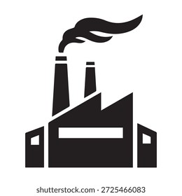 Factory building icon with smoke stacks, industrial manufacturing plant silhouette.