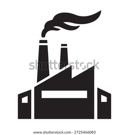 Factory building icon with smoke stacks, industrial manufacturing plant silhouette.