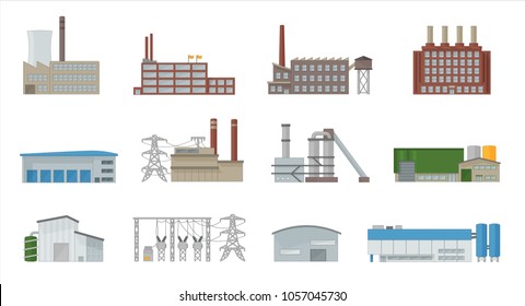 Factory building icon vector set in flat style. Power plant, manufacturing, industrial and warehouse buildings. Isolated from background.