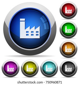 Factory building icons in round glossy buttons with steel frames