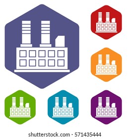 Factory building icons set rhombus in different colors isolated on white background