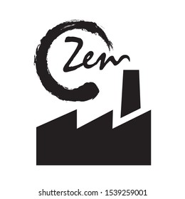 factory building illustration with zen word and symbol 