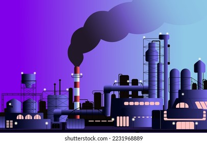 Factory building. Industrial construction, chemical plant with tower, chimney and gas smoke, tanks, cisterns, pillars, outdoor view. Work of heavy industry, manufacture. Flat vector illustration