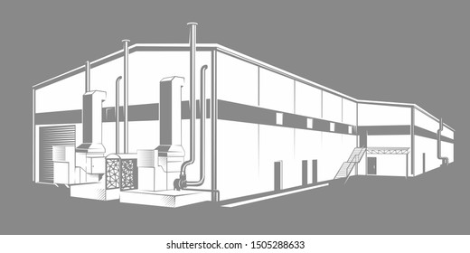Factory building, industrial plant vector illustration. Manufacturing object silhouette.