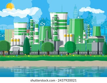 Factory building. Industrial factory, power plant. Pipes, buildings, warehouse, storage tank. Green eco plant. Urban cityscape skyline water reservoir. Trees clouds and sun. Flat vector illustration