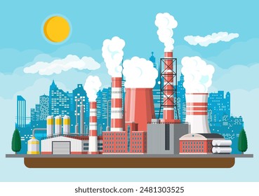 Factory building. Industrial factory, power plant. Pipes, buildings, warehouse, storage tank. Cityscape urban skyline with clouds, trees and sun. Vector illustration in flat style