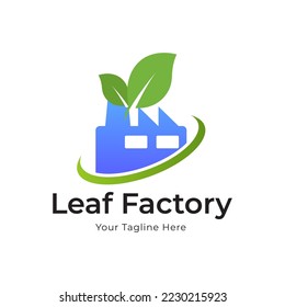 factory building industry with leaf green plant nature logo vector icon design