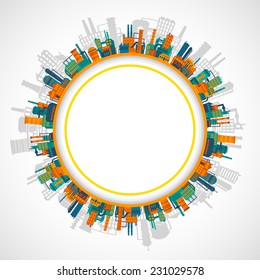 Factory building industry and technology background with plants in circle vector illustration.