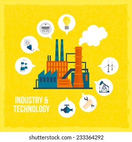 Factory building industry and technology concept with manufactory and industrial icons vector illustration