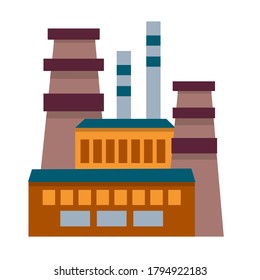 Factory building. Infographic icon. Industrial building concept in flat style. Industrial complex isolated on a white background. Power plants with chimneys, pipes and tanks.Color vector drawing