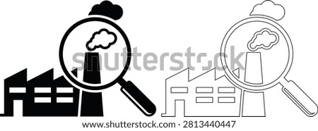 Factory building inspection with magnifying glass icon inspection industrial building industry investigation analysis manufacturing monitoring facility