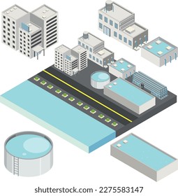 Construcción de fábrica en ilustración de estilo isométrico