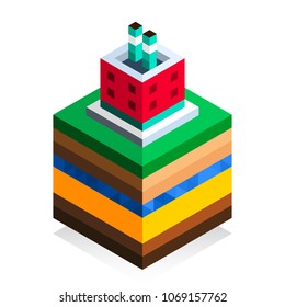 Factory building in isometric style. The structure of the earth. Cartoon scheme. Isolated on white background. Geology scheme. Flat vector stock illustration