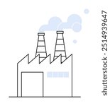 A factory building with jagged roof edges has two smoke stacks emitting light blue smoke. Ideal for industrial pollution, manufacturing processes, environmental impact, urban infrastructure