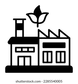 Factory building with leaves depicting vector of green factory, eco friendly factor