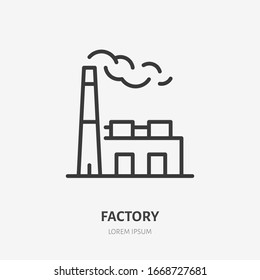 Icono de la línea de construcción de fábrica, pictograma vectorial de la industria pesada. Planta con humo de la ilustración de la chimenea, signo de fabricación.