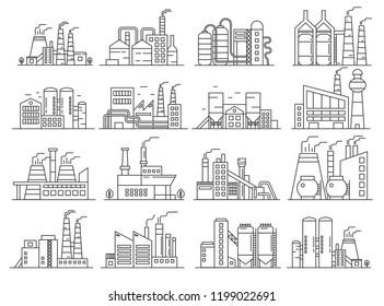 Factory building line style set. Indistrial construction and commercial architecture outline stroke set.