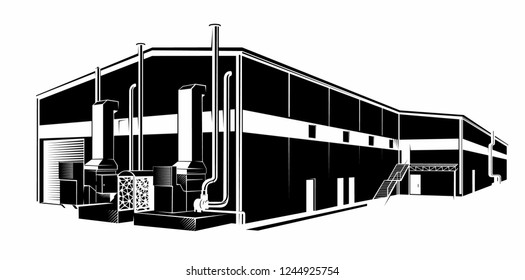 Factory building, manufacturing object black silhouette. Industrial plant vector illustration.
