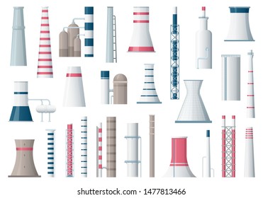 Factory building. Manufacturing pipe pollution industrial factory large construction vector cartoon illustrations